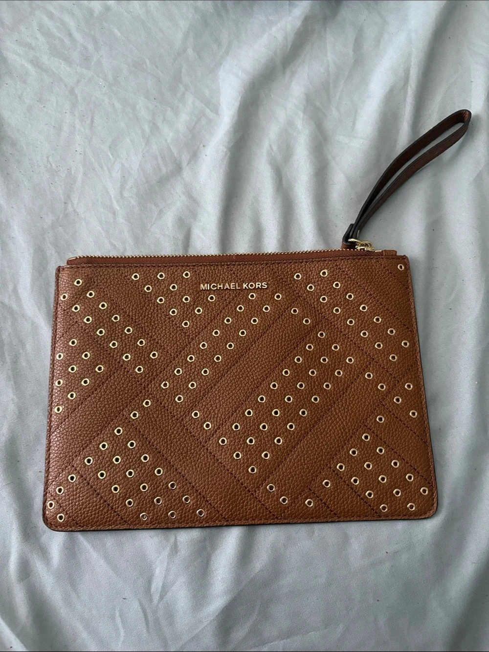Michael Kors Cognac Brown Leather Wristlet Clutch with Gold Eyelet Accents